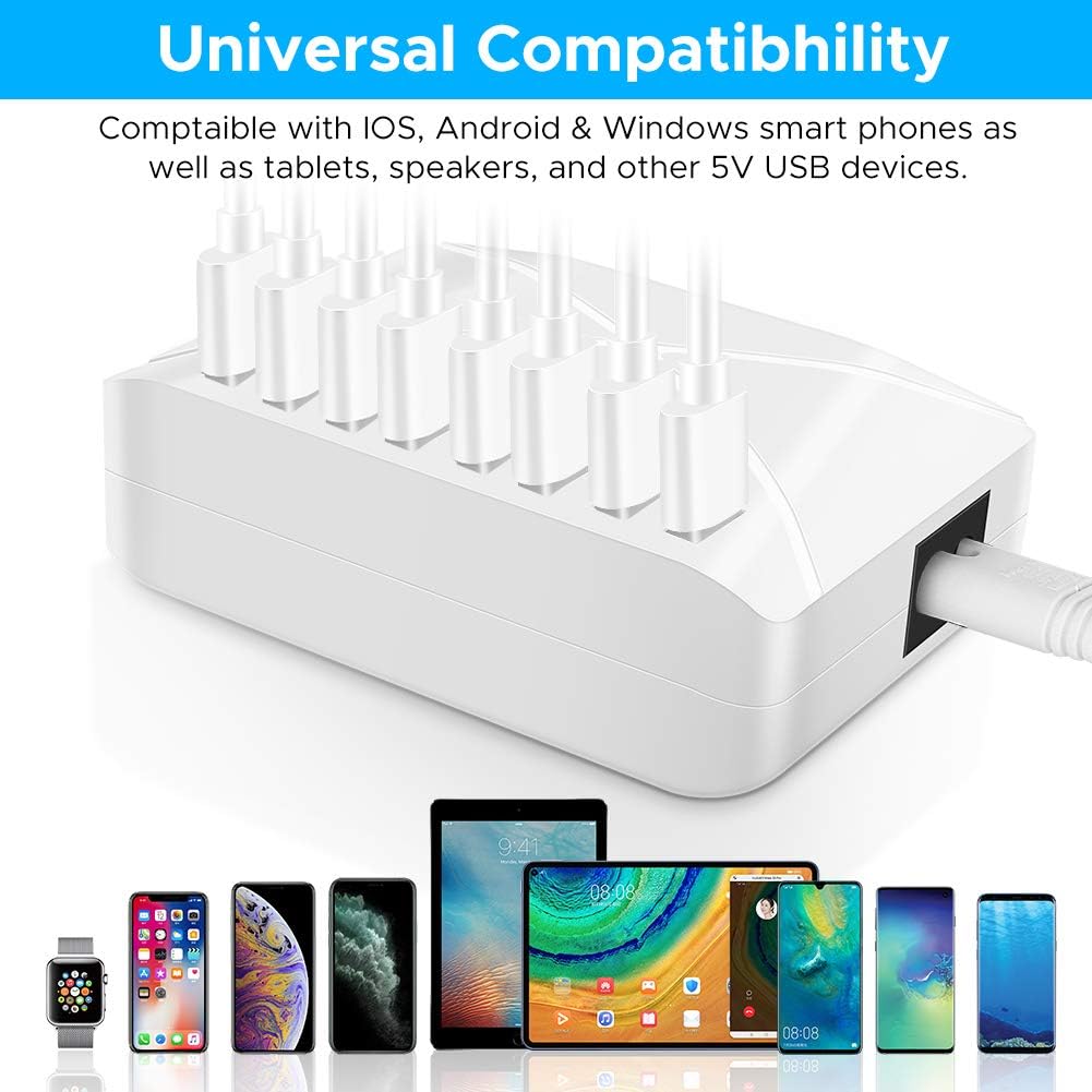 Multi Port USB Charger Station,8-Port Desktop Multi USB Charger，USB Charging Hub with Smart Detect，Multiport USB Charging Station for Smartphone, Tablets and Other Multiple Devices（White）: Electronics