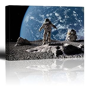 Astronaut Standing on The Moon Overlooking Planet Earth - Canvas Art Home Art - 12x18 inches