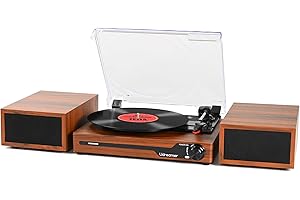 UDREAMER Vinyl Record Player with External Speakers BT 5.3 Wireless Turntable Portable with 3 Speed USB Vintage Wooden Brown