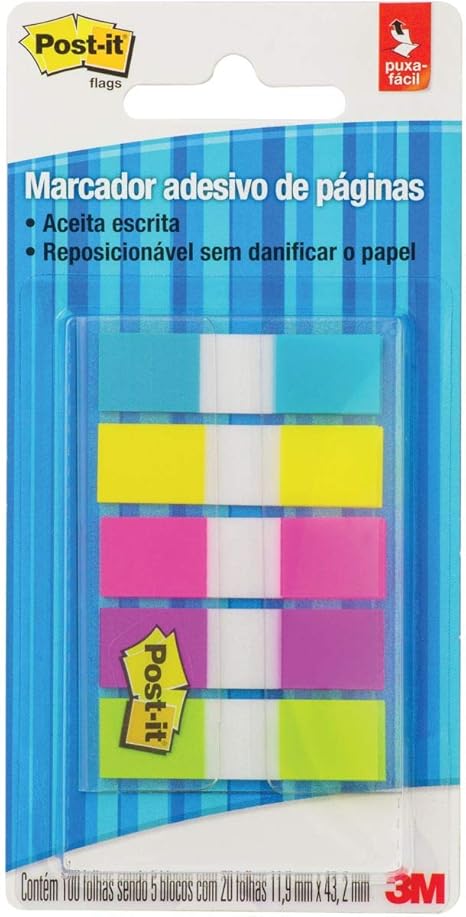 Marcador de Página Adesivo Post-it - 5 Cores Neon, 11.9 x 43.2 mm - 100 folhas