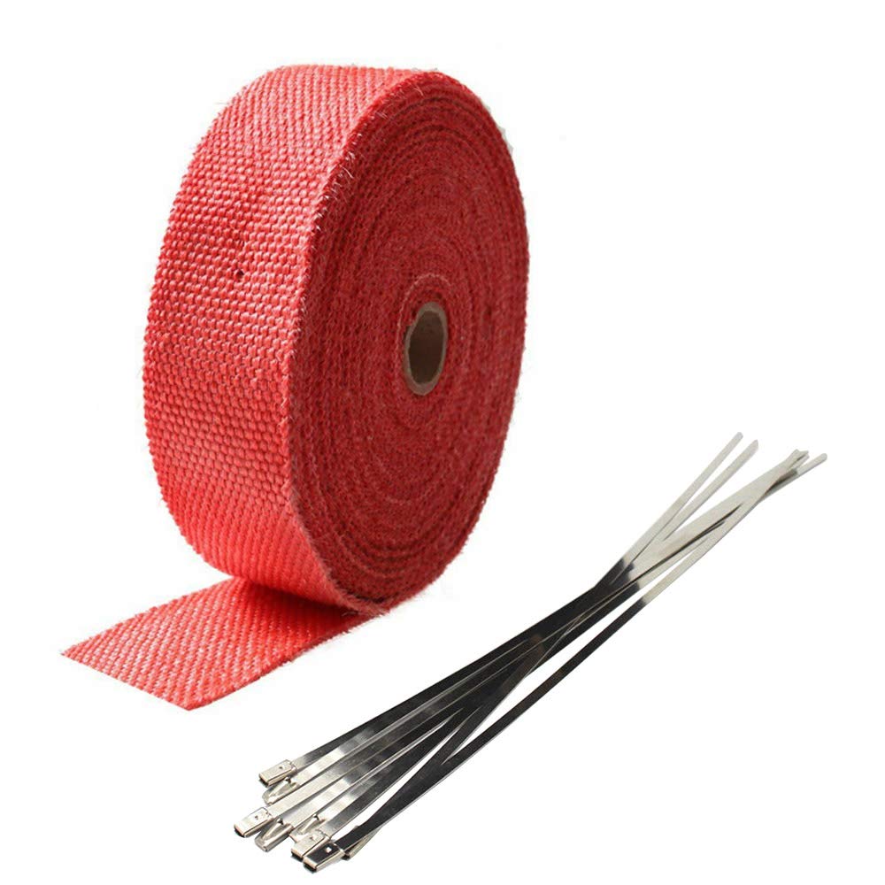 Mintice 5CM X 5M Fiberglass Roll Red Racing Exhaust Heat Header Pipe Wrap Tape Shield Sleeve Thermal Protection 6 Locking Ties Car Motorcycle