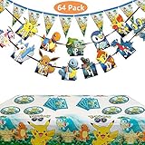 Set of 65 Pcs Pokemons Birthday Party Supplies for Kids and Boys Pikachu Party Favor Includes Birthday Cake Decorations Plates Table Cloth