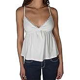Women's Y2k Babydoll Tops Lace Trim V Neck Camisole Tank Tops Sleeveless Spaghetti Strap Peplum Top