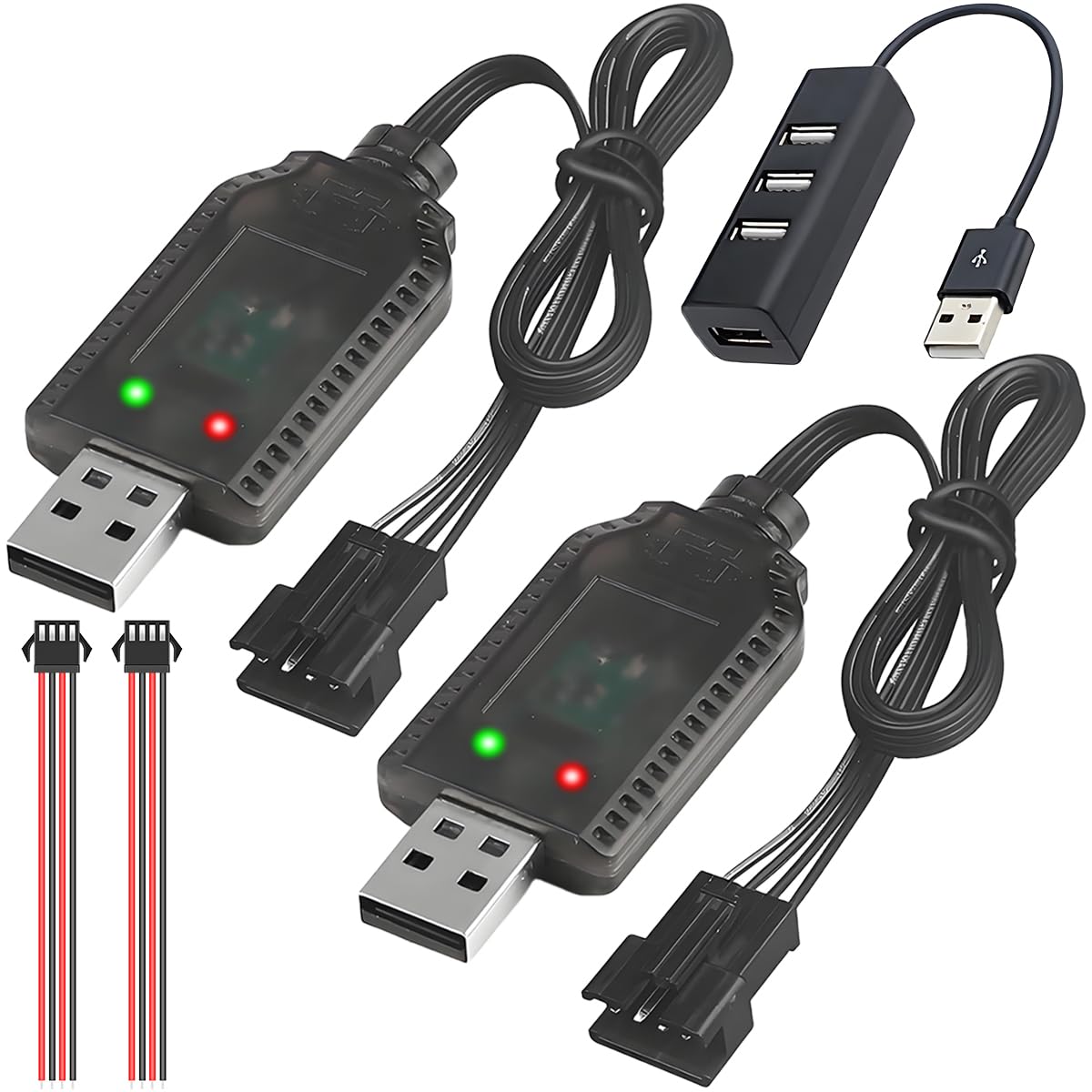 ZHUROUPU 2Pcs 7.4V RC USB Battery Charger with SM-4P Plug Connector for Lipo Batteries, 1000mA RC Cars Drones Portable Charger Cable with LED Indicator, 4 Port USB 3.0 Hub Splitter