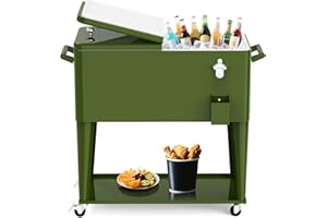PETGIRL Rolling Ice Chest Cooler Cart, Portable Bar Drink Cooler, 80 Quart Cooling Bins, Beverage for Patio Pool Party, Large Ice Chest with Shelf, Bottle Opener