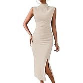 MITILLY Women Summer Formal Wedding Guest Dress Elegant High Neck Sleeveless Ruched Bodycon Midi Dress with Side Slit
