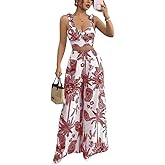 THLAI Summer Women 2 Piece Outfits Print V-Neck Cami Crop Top and Smocked Wide Leg Pants Set Vacation Outfits