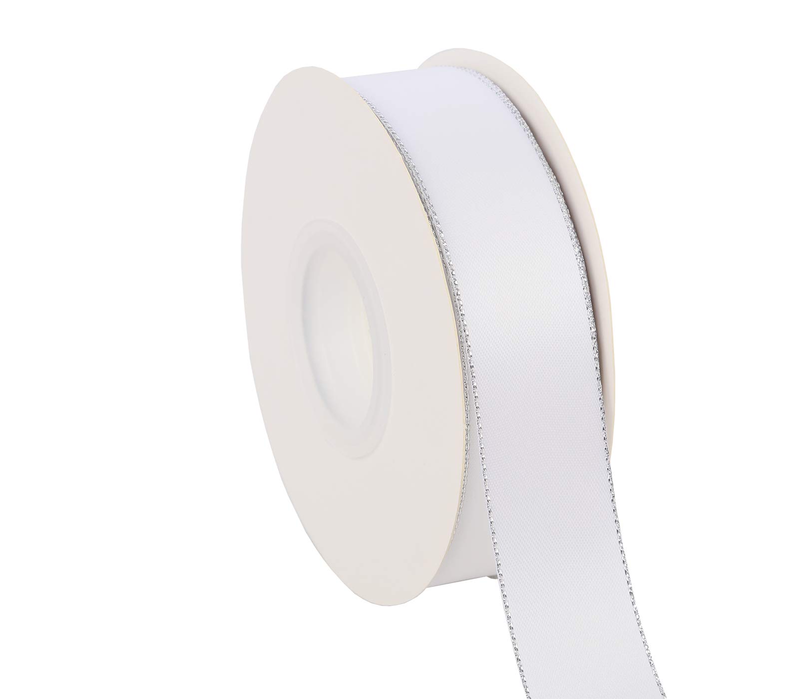 ITIsparkle 25mm Width Double Faced Satin Ribbon 22 Meters with Silver Edges, 25mm X 25M - White