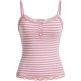 SOLY HUX Women's Striped Lace Trim Cami Crop Top Button Front Spaghetti Strap Y2k Tops