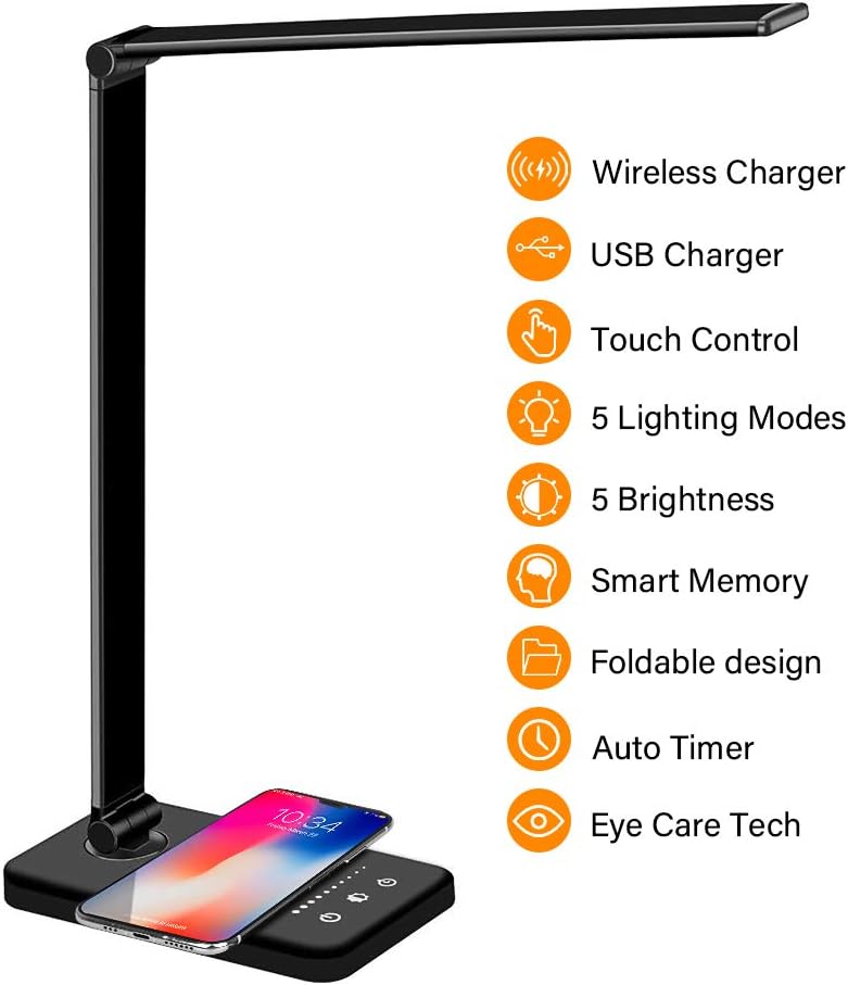 Desk Lamp LED Wireless Charger - USB Charging Port 5 Lighting Modes 5 Brightness Levels Sensitive Control Auto Timer Eye-Caring Study Work Home Office Lamp for Kids Children (Black)