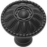 trust4care 4-Pack Farmhouse Matte Black Sunflower 1.2" Cabinet Drawer Knobs | Euro-Style Round Zinc Pull Knobs with a Victorian Floral Pattern, Ideal for Vintage Dressers and Furniture Handle Hardware