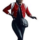 Bbkkuck Womens Bomber Varsity Jacket Casual Long Sleeve Letterman Shacket Button Down Cropped Baseball Outerwear