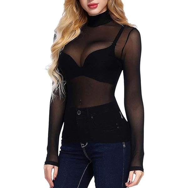 Women's Mesh Tops Long Sleeve Sheer Tops Blouse Sexy Shirt Mock