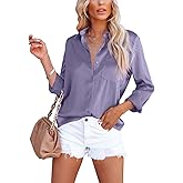 OMSJ Women's Button Down Shirts Satin V Neck Long Sleeve Casual Work Blouse Tops with Pocket