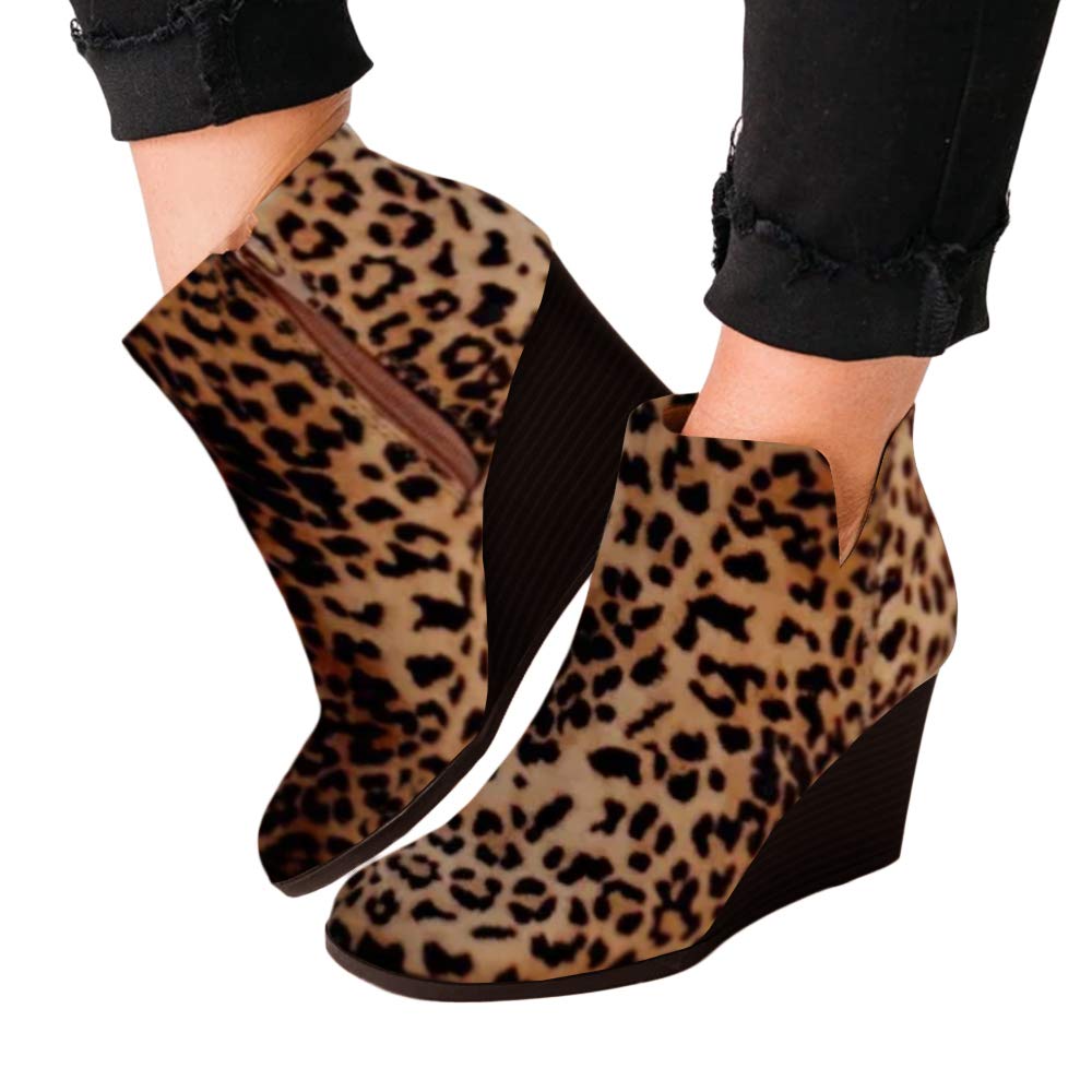 LAICIGO Womens V Cut Wedge Ankle Booties Zip-up Closed Toe Stacked Heel Faux Suede Winter Boots