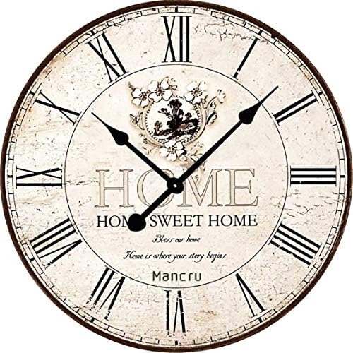 Mancru 0.4 Inch Thickness Vintage Not Cover Silence Wall Clock Shabby Wooden Large Round Non-Ticking Quiet Quartz Wall Clock Decoration Wall Art Clock 12-24inch