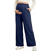 BLENCOT Women's Maternity Pants Work Adjustable Waisted Wide Leg Waffle Knit Trousers Pregnancy Clothes with Pockets