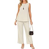 Seta T Women's Summer 2 Piece Outfits Sleeveless Round Neck Tank Top Dressy Casual Sets Wide Leg Pants Set