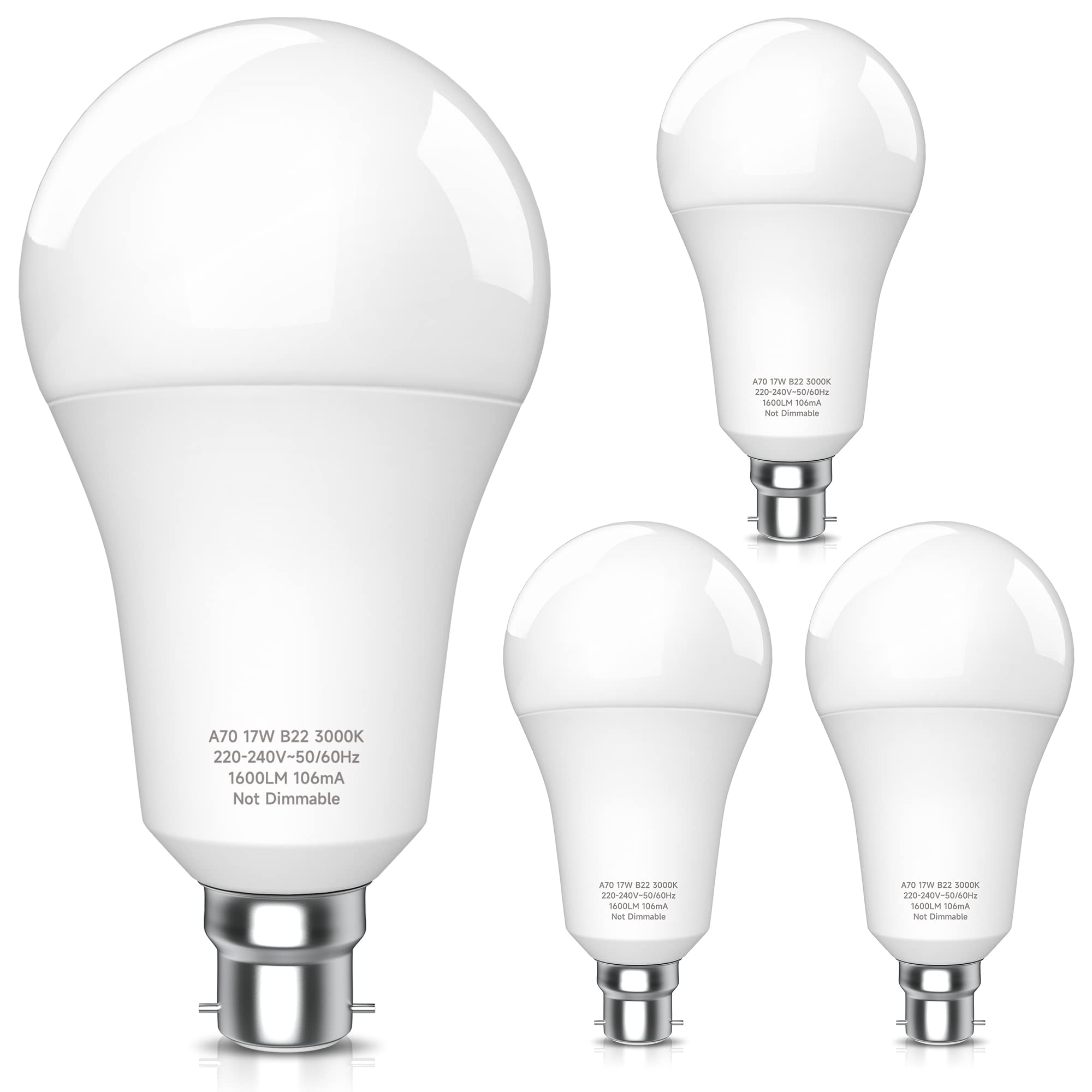 Plusok B22 LED Bulbs, 17W Bayonet Light Bulb 150W Equivalent, Warm White 3000K, 1600LM, Energy Saving LED Light Bulb Non-Dimmable, 4-Pack