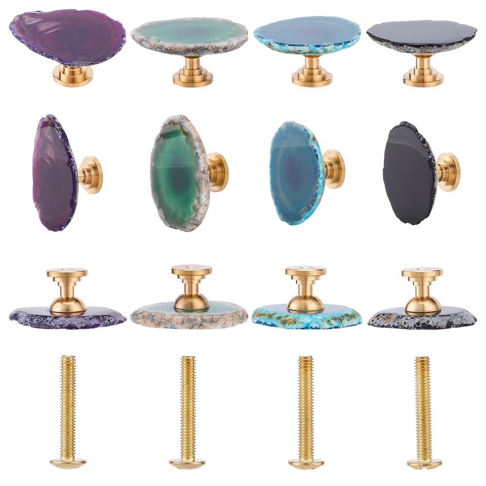DELORIGIN 4pcs Natural Agate Cabinet Knobs With Screws Set - 4 Colors Stone Drawer Pull Handle for Wardrobe, Cupboard, Home Furniture, Closet, Kitchen - Gemstone Decor