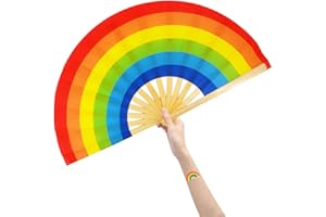 Amajiji Large Folding Fan, Chinease/Japanese Bamboo and Nylon-Cloth Folding Hand Fan, Hand Folding Fans for Women/Men, Hand Fan Festival Fan Gift Fan Craft Fan Folding Fan Dance Fan (Rainbow)