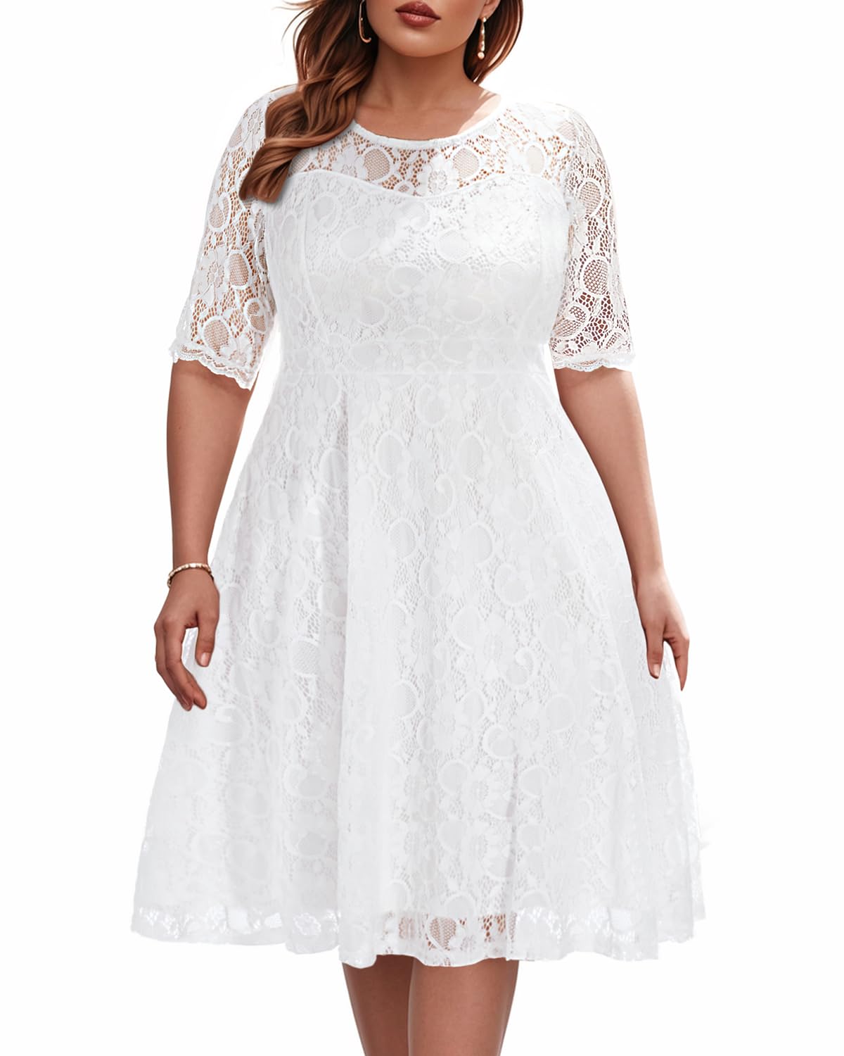 Photo 1 of Women Plus Size Lace Dress Short Wedding White Bride Bridal Shower Ivory Cocktail Semi-Formal Midi Sweetheart Neck Dress, 18W