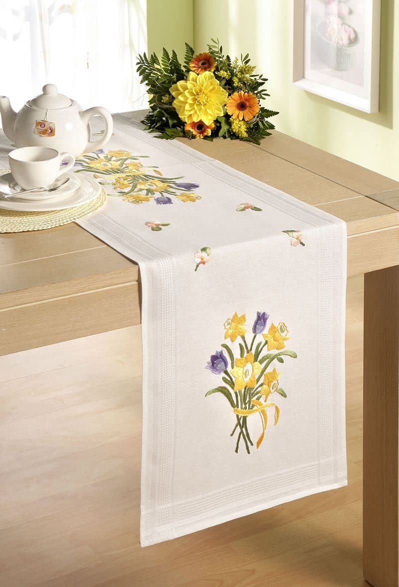 Daffodils 40X100CM Printed Table Runner Embroidery KIT, White
