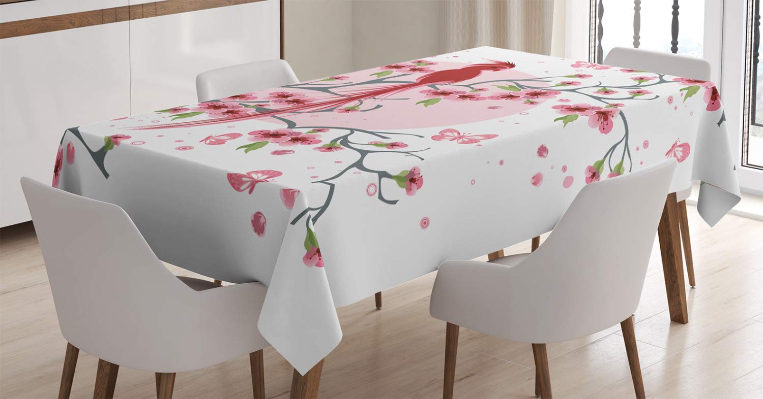 ABAKUHAUS Japanese Tablecloth, Mythical Long Lived Phoenix Bird on Floral Sakura Branch Looking Back Artwork, Dining Room Kitchen Table Cover, 54" x 78", Pink