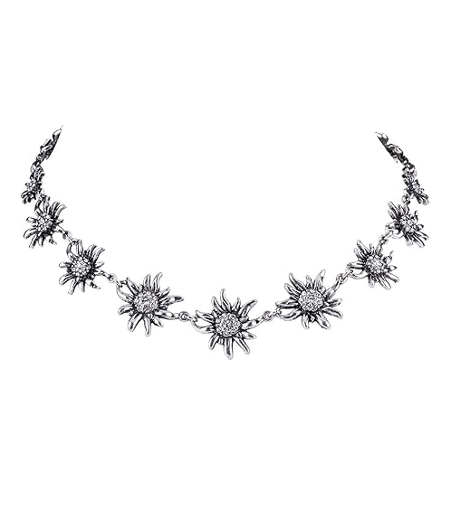 SIX Oktoberfest Damen Halskette, Trachtenschmuck, Edelweiß, Blumen, Metall, Strasssteine, Silber (758-641)