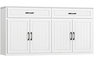 HITHOS 63" Large Sideboard Buffet Cabinet with Storage, Modern Coffee Bar Cabinets with Drawers, Long Kitchen Sideboard Buffets Table for Living Room, Wide Wood Kitchen Buffet Storage Cabinet, White