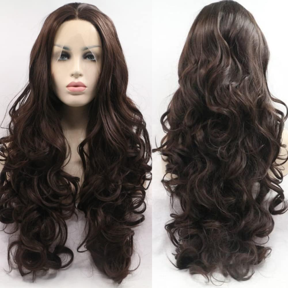 Xiweiya Long Curly Wave 6# Natural Brown Lace Front Wig Synthetic Chocolate Brown Color Lace Frontal Wig Heat Resistant Fiber Glueless Middle Part for Women Drag Queen Cosplay 75cm