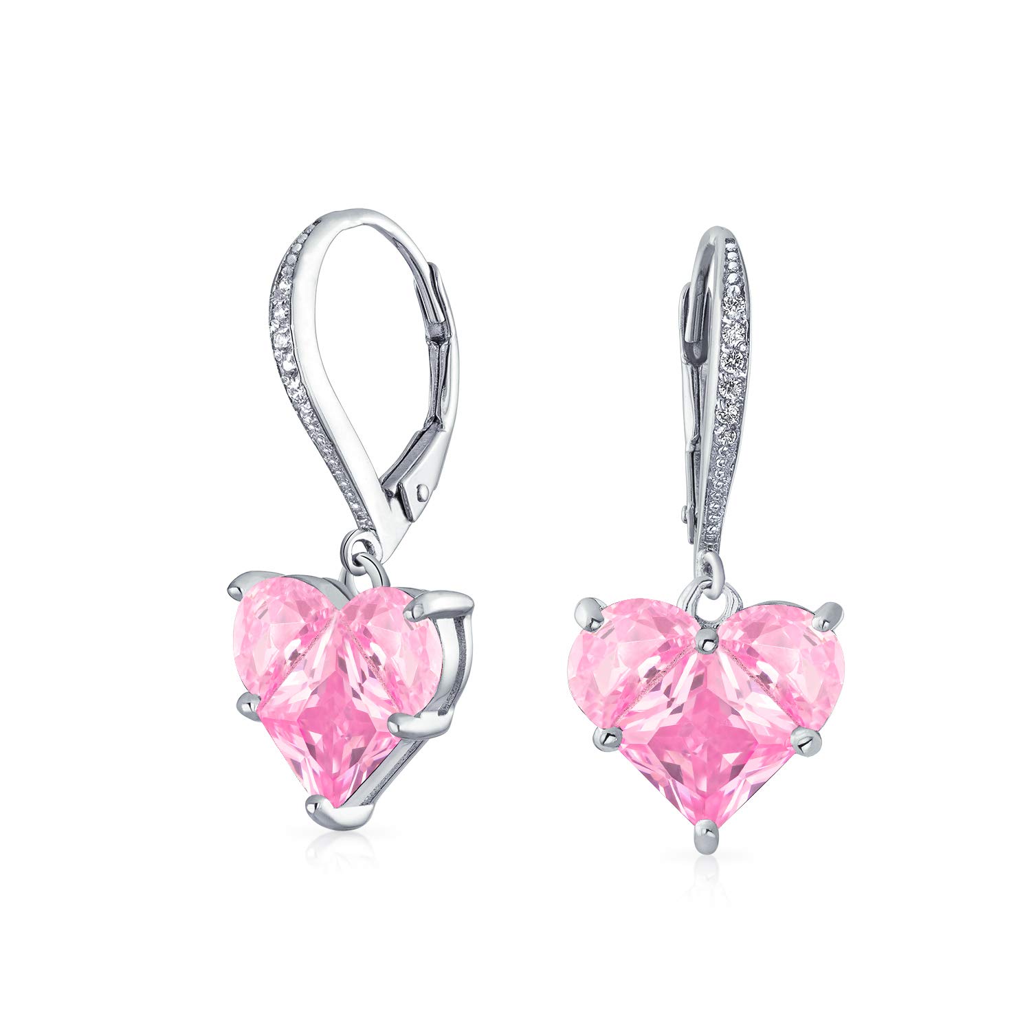 Bridal Anniversary Wedding Romantic 4CT AAA CZ Pink Heart Shaped Cubic Zirconia Dangle Lever back Earrings For Women Girlfriend Invisible Cut .925 Sterling Silver