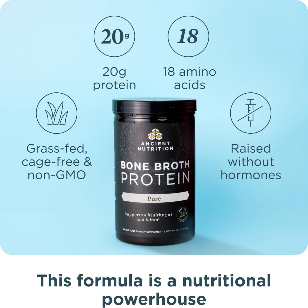 Ancient Nutrition Grass Fed & Cage Free Bone Broth Protein Powder, 20g Protein Per Serving, Hydrolyzed Collagen Peptides, Glucosamine, Chondroitin, Supports Joint & Gut Health, Pure, 20 Servings