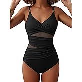 EVOCRCO Women's Mesh One Piece Swimsuits Tummy Control V Neck Bathing Suit Sexy Push Up Swim Suit Slimming Swimwear