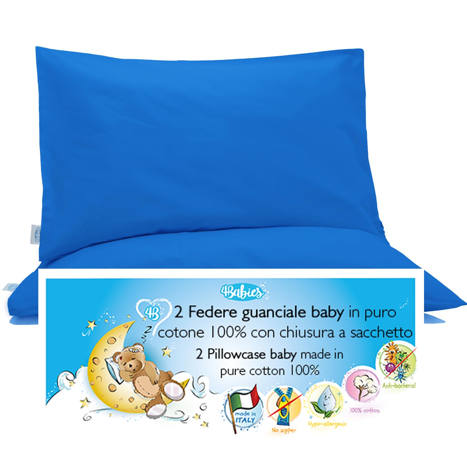4BABIES- Baby Toddler Pillowcase 50X30 cm - Set of 2 Pillow Cases for cot and crib 100% PURE COTTON Made in Italy - Envelope closure - OEKO-TEX Certified - Children's bedding - Blue — image 1