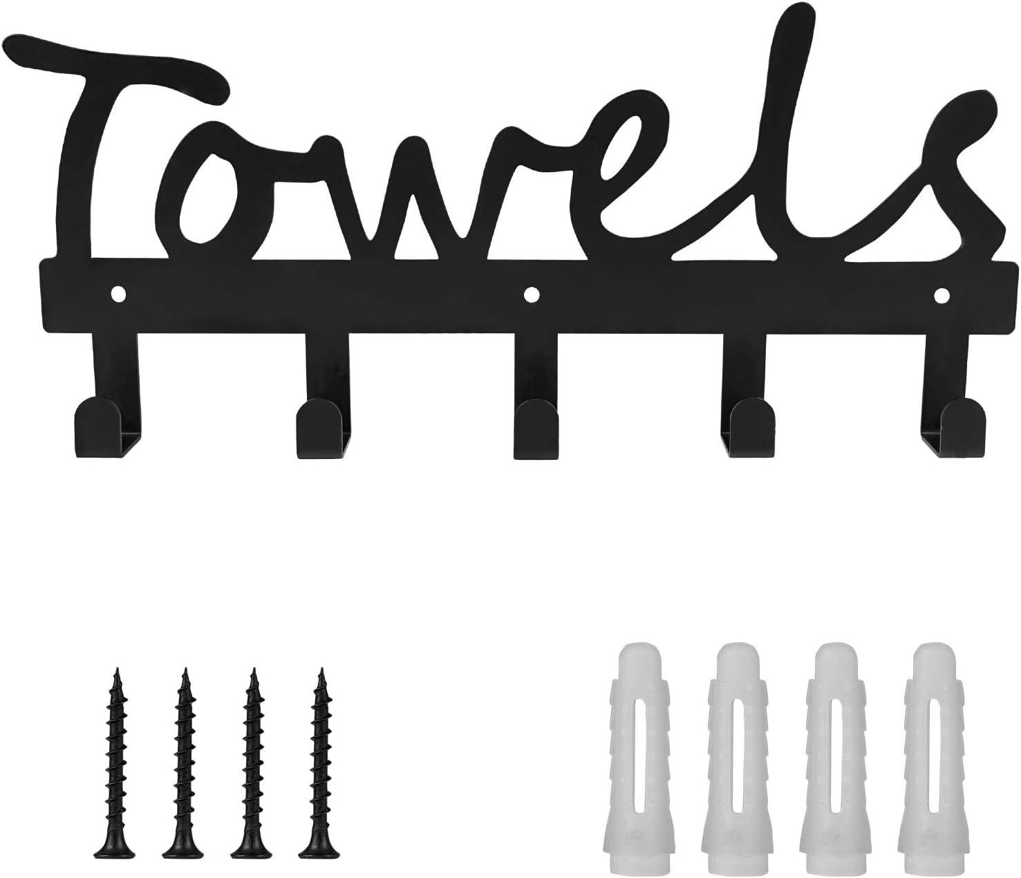 Towel Holder 5 Hooks for Bathroom, Towel Racks, Towel Hooks for Bathroom, Bedroom, Kitchen, Pool, Beach Towels, Bathrobe, Clothing, Metal Sandblasted Wall Mount Rustproof and Waterproof (Black02): Kitchen & Dining