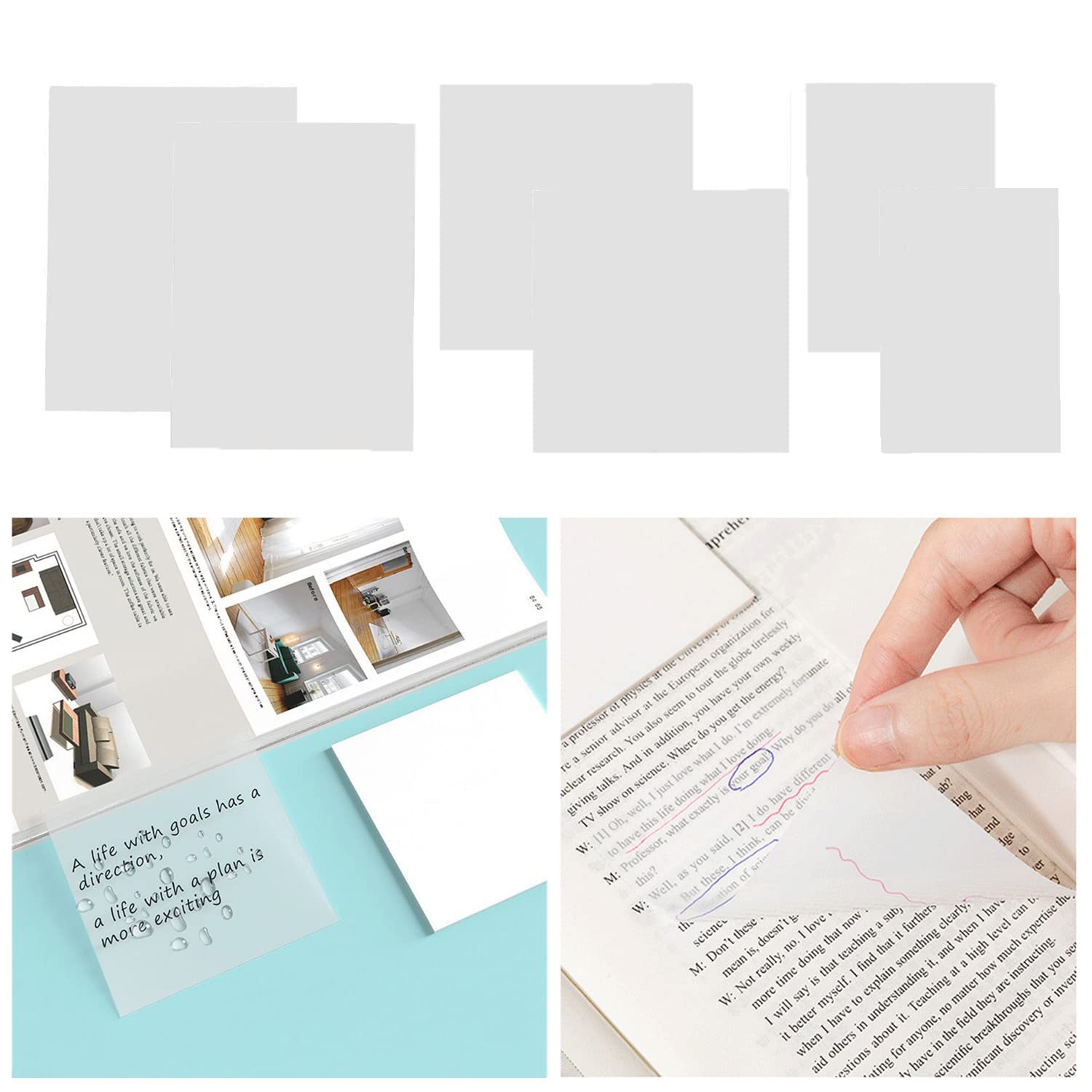 Transparent Sticky Notes 300pcs, 3 Sizes Clear Post It Notes, See Through Post It Notes Apply Students, Reading, Writing, Learning, School, Home and Office(3.7×2.7 in, 3×3 in, 2 × 3 in)
