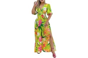 OPHPY Hawaiian Dresses for Women Summer Sexy Low Cut Backless High Split Maxi Dress Tropical Floral Beach Vacation Dresses