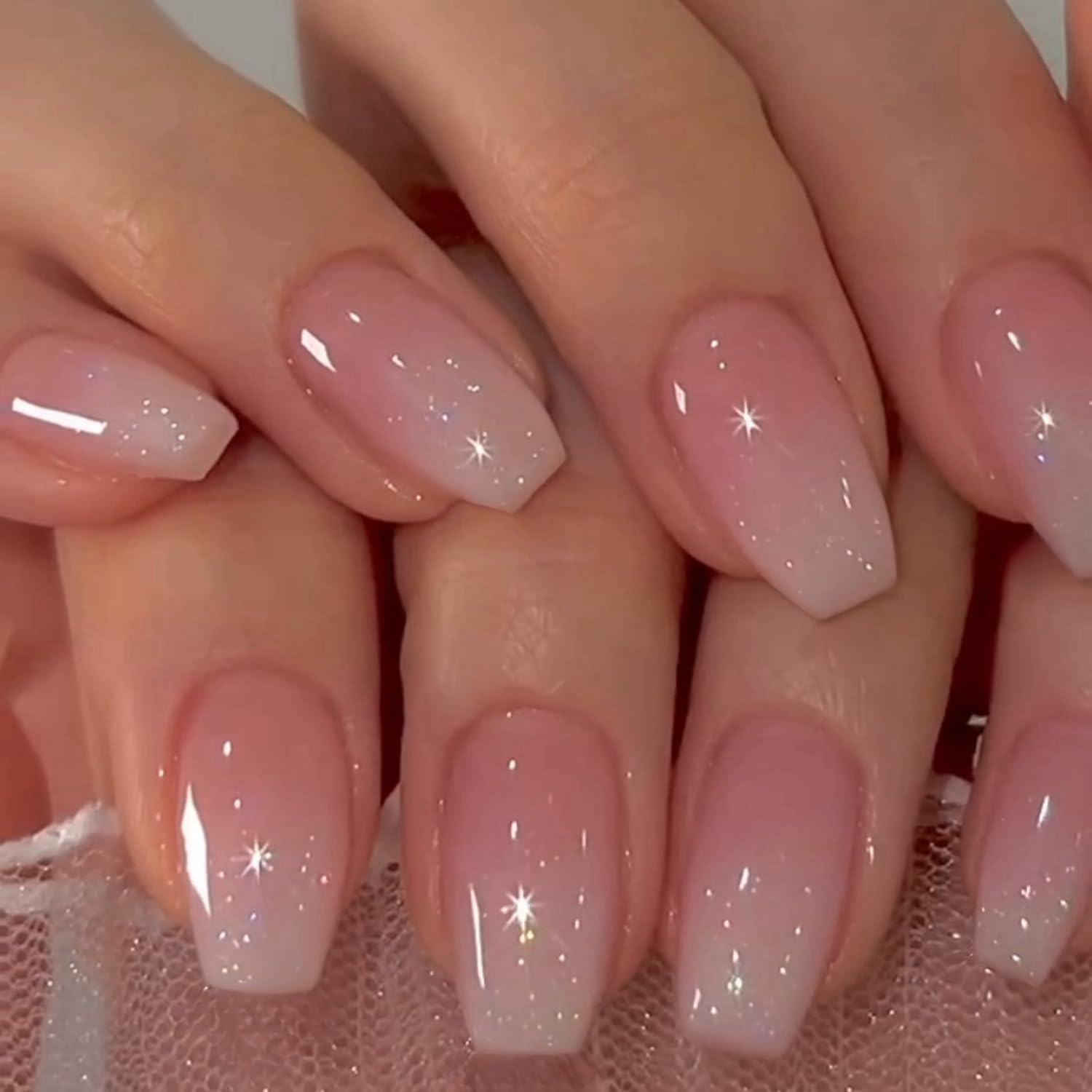 Photo 1 of Glitter Ombre Pink Short Coffin Short Coffin Press on Nails Medium Press ons, Medium Square Glue on Nails Fake Nails for Women, Ballerina T Shape Acrylic False Nail Natural Handmade