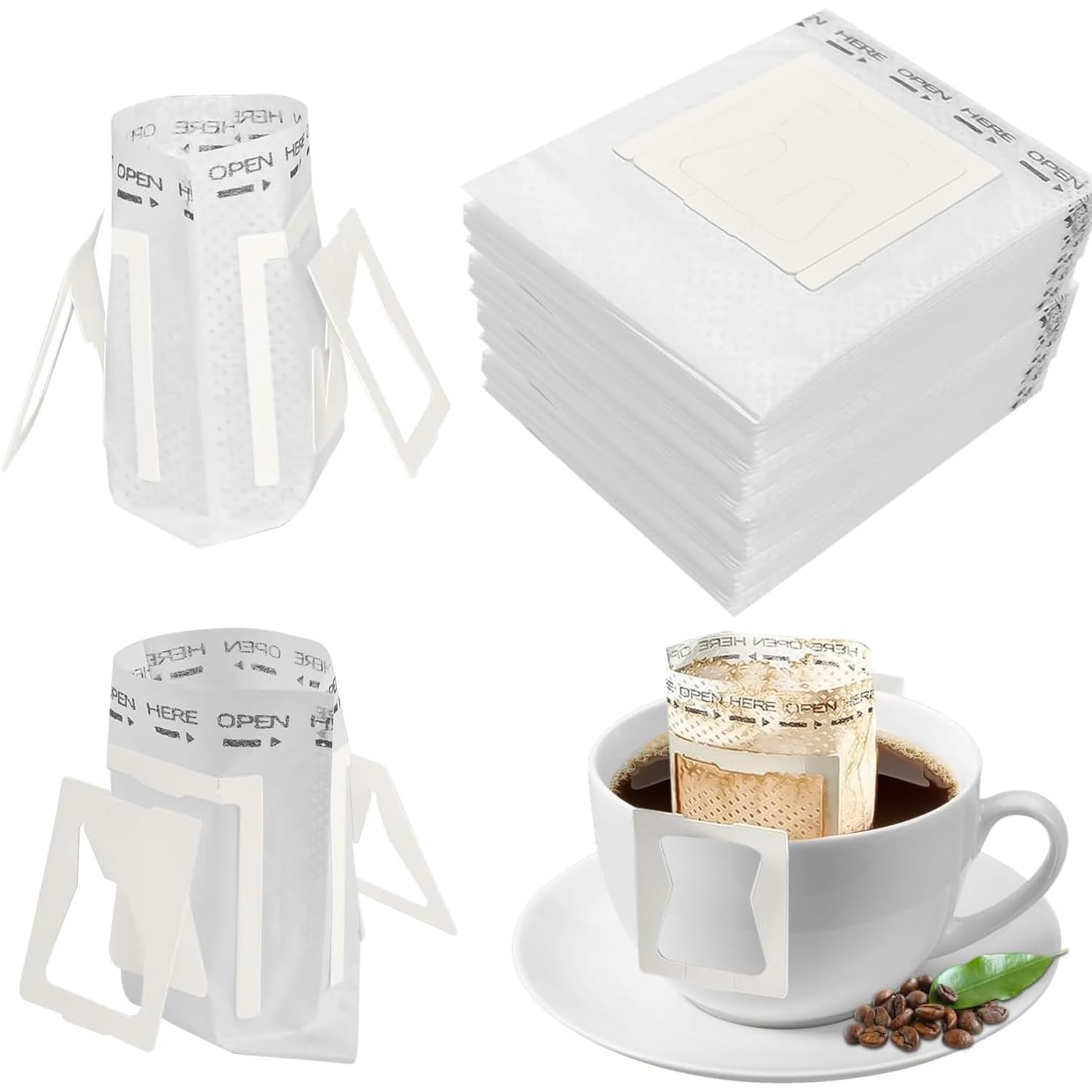 Photo 1 of 100 Pcs Premium Coffee Filter Paper Bags Disposable Single Serve Drip Coffee Bags with Hanging Ears, Fast Brewing, Mess-Free Design for Travel, Camping, Home & Office Use