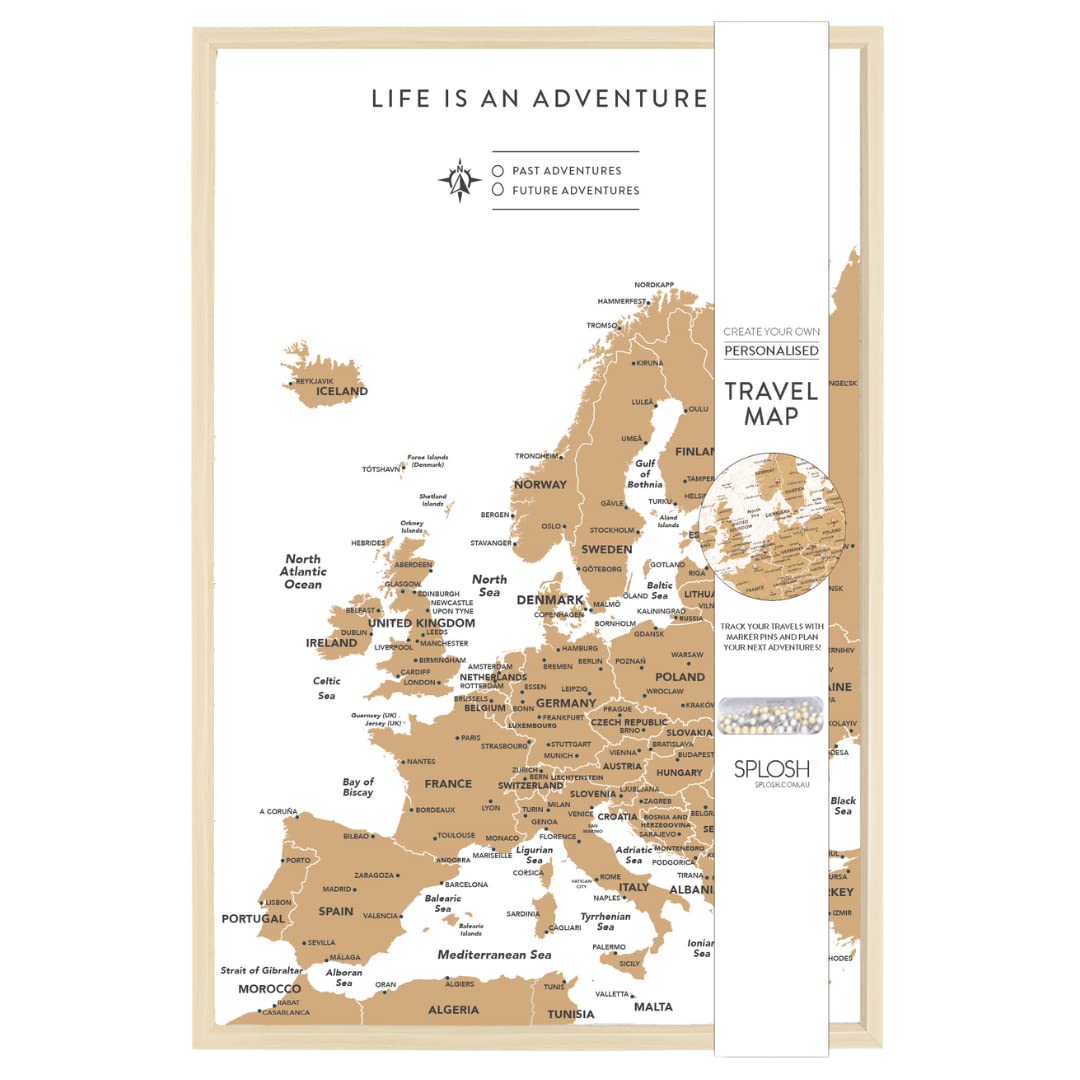 Splosh Travel Map - Europe Map Pin Board in White, Wooden Frame. Travel Map Corkboard with 100 Pins in 2 Colours to Mark Your Past and Future Adventures