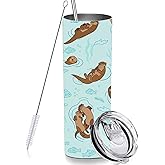 RNFENQS Skinny Tumbler Gift for Men Women, Cute Sea Otter Tumbler Cup with Straw Lid 20 OZ, Stainless Steel Insulated Vacuum Slim Travel Coffee Mug