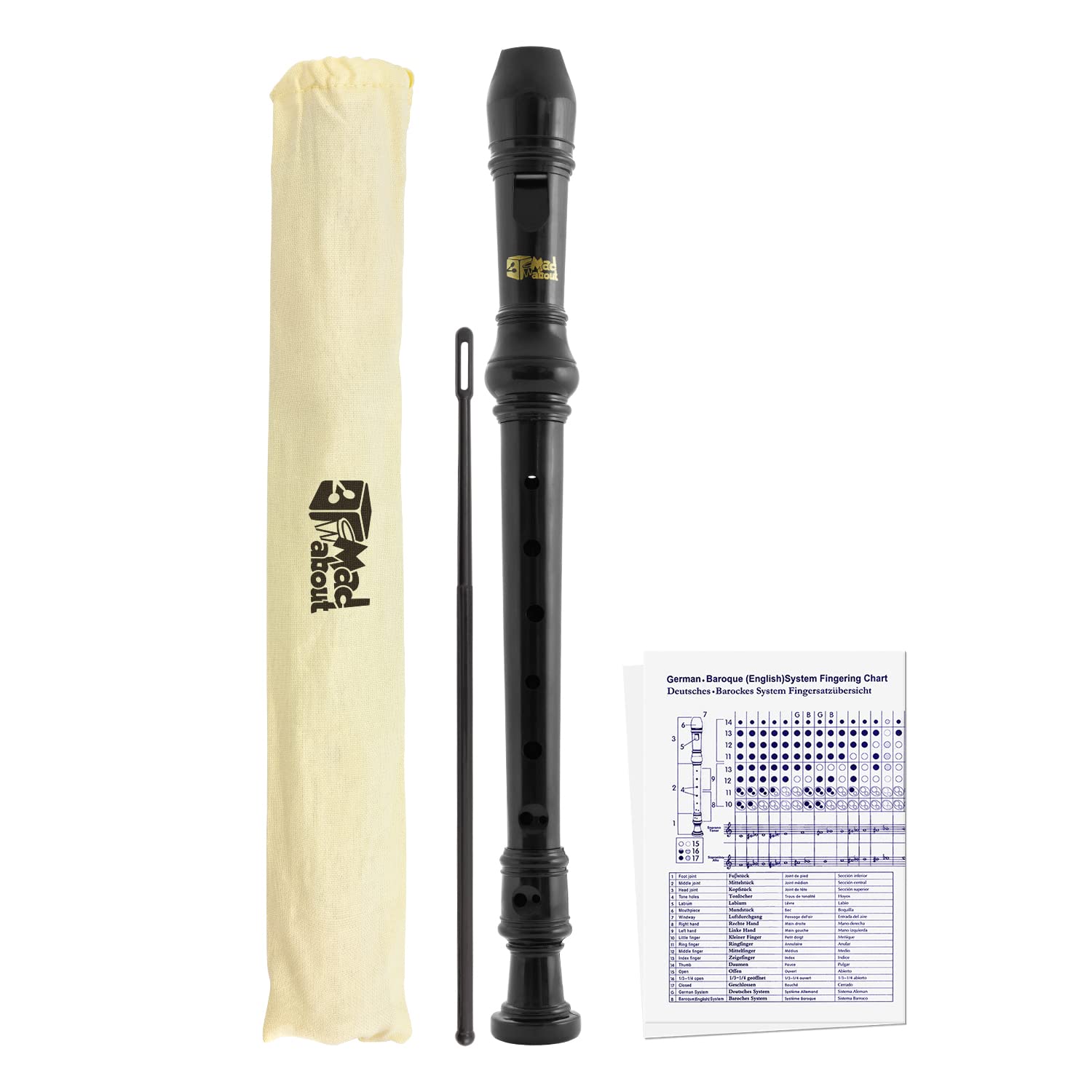 Mad About MA-REC06 Descant Recorder – Three-Piece School, Beginners Recorder with Bag, Cleaning Rod and Fingering Chart - Black