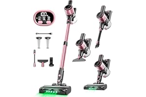 SUXIANGVAC Cordless Vacuum Cleaner, 8 in 1 Vacuum Cleaner for Home with LED Display, 3 Suction Modes, 45mins Runtime Lightweight Stick Vacuum for Home Hardwood Floor, Pet Hair, Carpet (Pink)