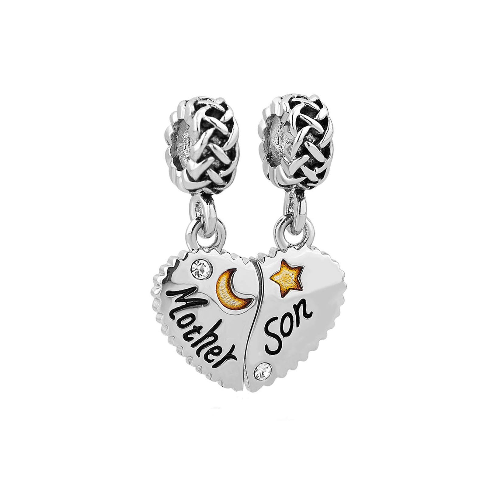 MiiFort 2PC Mother Son Love Heart Charm fits Pandora Moments Bracelets Star Moon Crystal Birthday Women Wife
