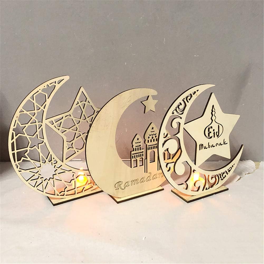 PETSBURG Home LED Wooden Eid Mubarak Plaque Moon Ornament Muslim丨Muslim Eid Mubarak LED Ornament Ramadan Decoration Crescent Ornament for Festival Celebration Home Decoration (Style C)