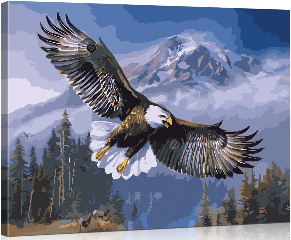 Suntown Wooden Framed Paint by Numbers 40x50cm Canvas Diy Oil Painting for Kids, Adults and Drawing Beginner with Brushes and Acrylic Paints - Fierce Eagle Hunter
