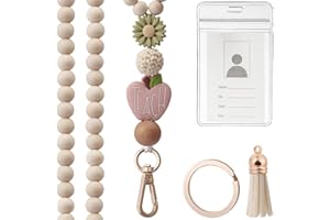 GUENOCIK Teacher Lanyard with ID Holder, Fashion Wood Beaded Lanyard for Keys, Super Cute Boho Breakaway Lanyard for Women
