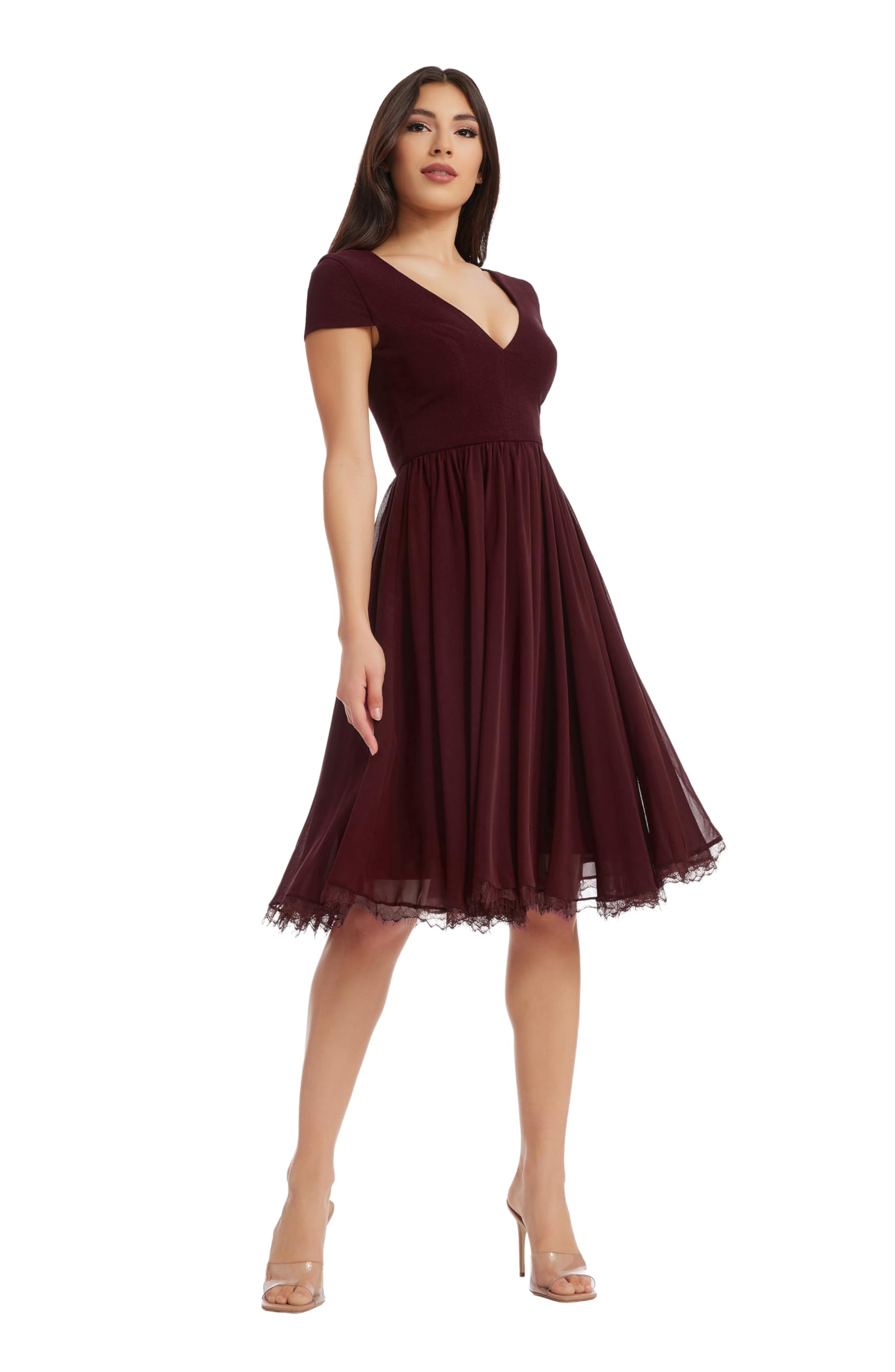 Photo 1 of Dress the Population Womens Corey Plunging Mix Media Cap Sleeve A-line Midi Dress, Burgundy, Large US