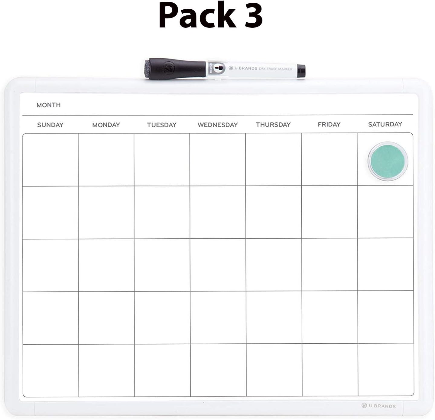 U Brands Contempo Magnetic Monthly Calendar Dry Erase Board, 14 x 11 Inches, White Frame (260U00-04), Pack 3
